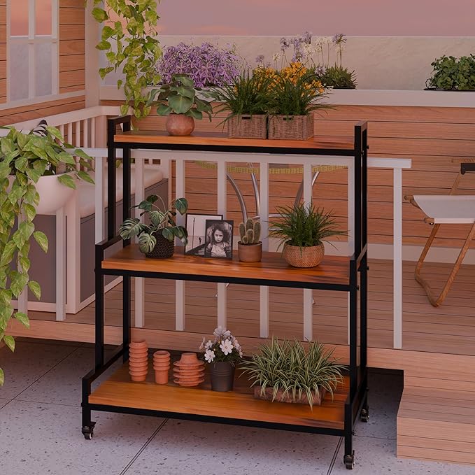 Plant Stand Indoor with Wheels 37” H, Rolling Plant Shelf Rack Outdoor,Metal Plant Stand with Solid Wood for Multiple Plants,Industrial Ladder Plant Flower Shelf for Garden,Living Room,Teak