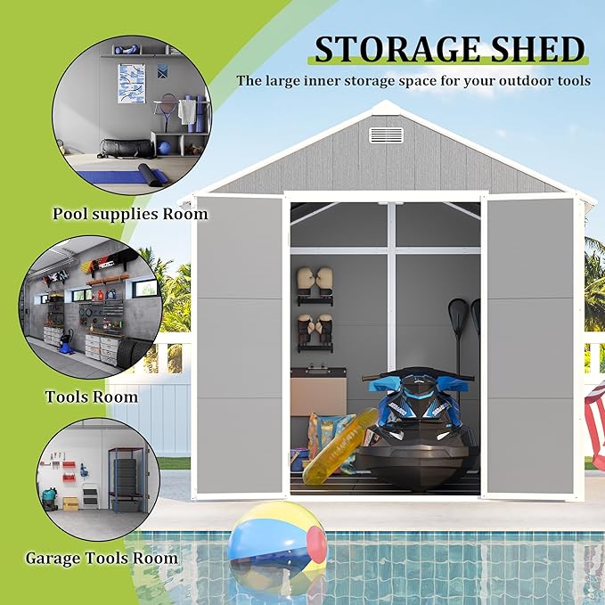 Resin Storage Shed 8x8 ft, Outdoor Storage Sheds with Floor, Window, Lockable Doors and Vents, 12mm Thick pp Board, Waterproof Garden Shed for Backyard Patio (Grey, 8 * 8ft)