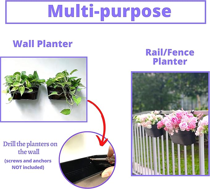 LaLaGreen Outdoor Rail Planter (11.8 Inch, 6 Pack) Black Metal Iron Hanging Flower Pots Deck Railings Fence Buckets Outside Countryside Boho Style Wall Mount Window Box Plant Holder Hook Porch Decor