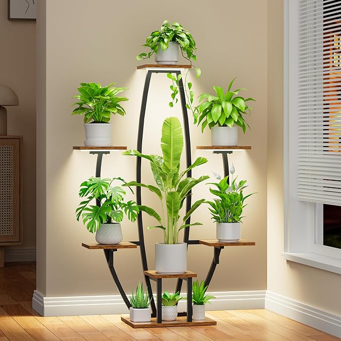 JUSTOGO Plant Stand Indoor with Grow Lights - 7 Tiered Large Plant Shelf, 47" Corner Shelf for Indoor Plants Multiple, Metal Flower Holder Curved Display Rack for Living Room, Home Decor, Patio
