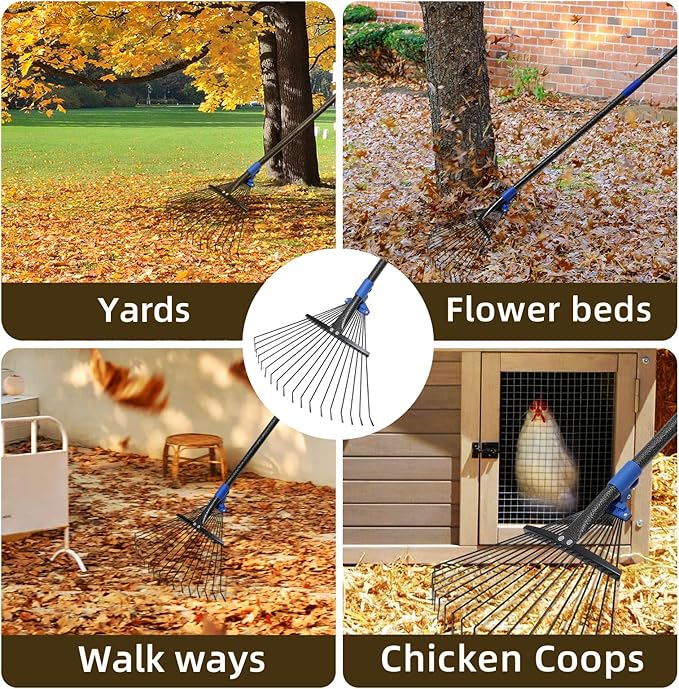 Adjustable Leaf Rake, Heavy Duty Metal Rake for Leaves, Long Handle 30"-75" with Expandable Head 8"-17", Collapsible Small Rakes for Lawns, Gardening, Yard, Camping, Shrub, Grass, Bush, Weed, Debris