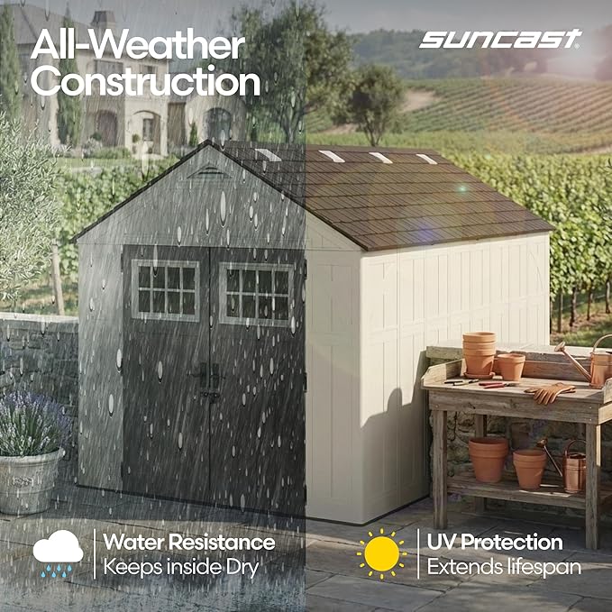 Suncast 8x10 Ft. Outdoor Storage Shed - Large Resin Outdoor Shed with Floor Included, Lockable Double Doors & Skylights. 547 Cu Ft Tremont Garden Plastic Sheds for Lawn Tools, Riding Mowers, & Bikes