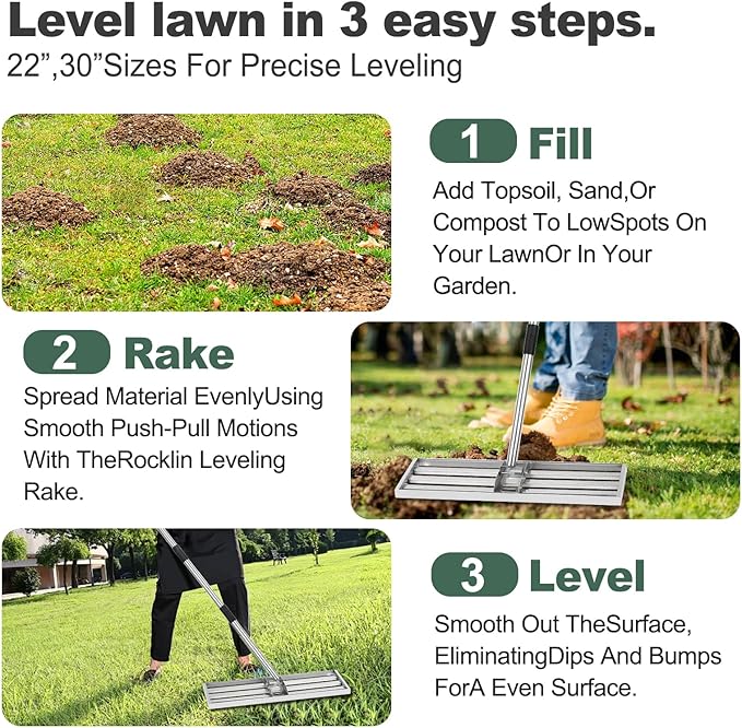 Lawn Leveling Rake 17*10 inch,Stainless Steel Lawn Leveler with 76” Long Handle .Heavy Duty Ground Leveler Tool Leveler Yard Rakes for Spreading Sand, Soil, Seed & Gravel.