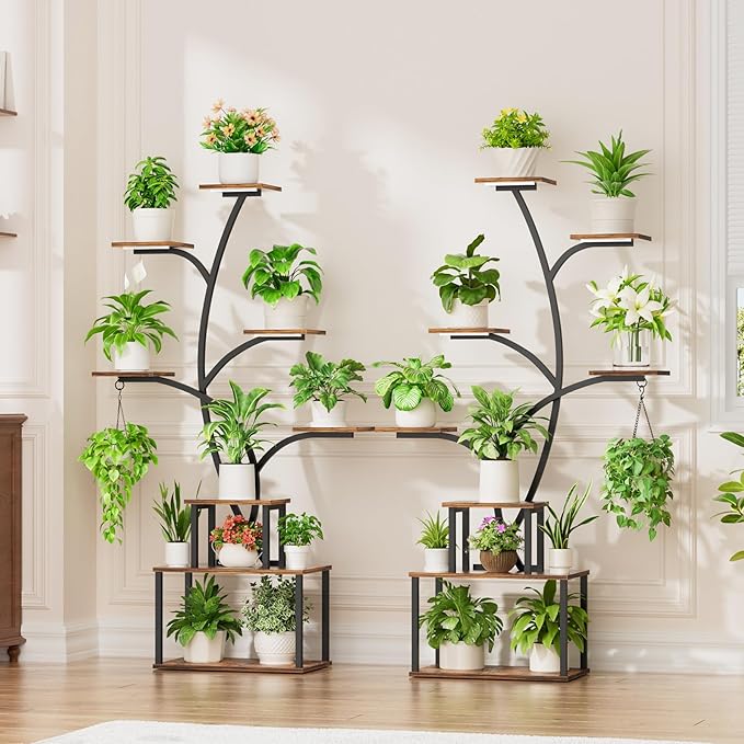 Plant Stand Indoor with Grow Lights - Large Plant Shelf Indoor, 63" 8 Tier Tall Plant Stands for Multiple Plants, 2 Pack Lighted Corner Flower Shelf, Tree-Shaped Metal Holder for Living Room, Black