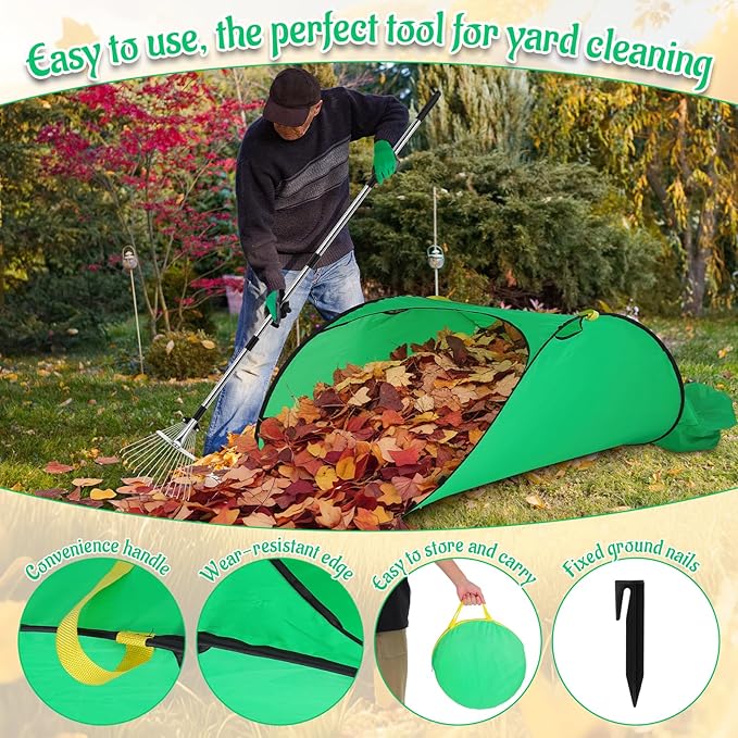 Leaf Rake for Lawns with 70 Gallon Large Foldable Leaf Bags, Heavy Duty Metal Garden Yard Rake Long Handle Garden Gloves for Gardening Outdoor Camping Shrub Grass Bush