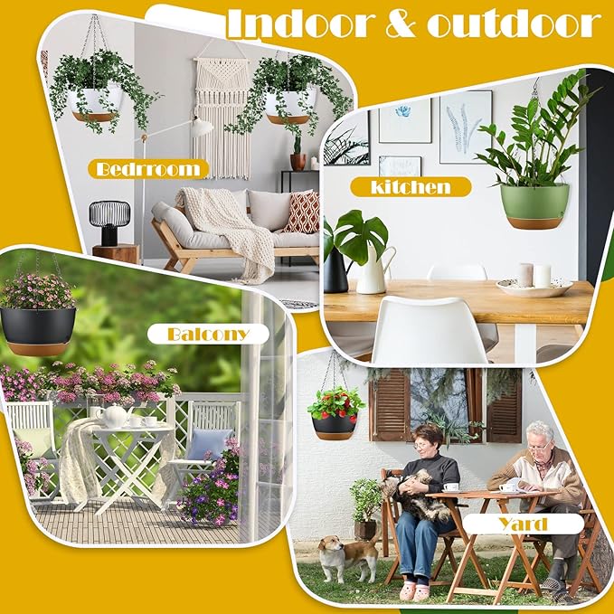 Remerry 6 Pcs 11.2 Inch Hanging Planters Hanging Plant Basket for Indoor Outdoor Plants Set Plastic Hanging Flower Pot with Drainage Holes and Removable Trays for Home Garden (White Gray Green)