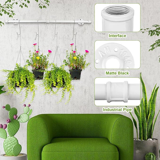 Yoiemivy Hanging Planter Bar with 4 Pcs Hooks White Wall Mount Planter Hanger Rod Minimalist Flowerpot Hanger Metal Plant Hanger for Window Wall Ceiling Herb Garden (White)