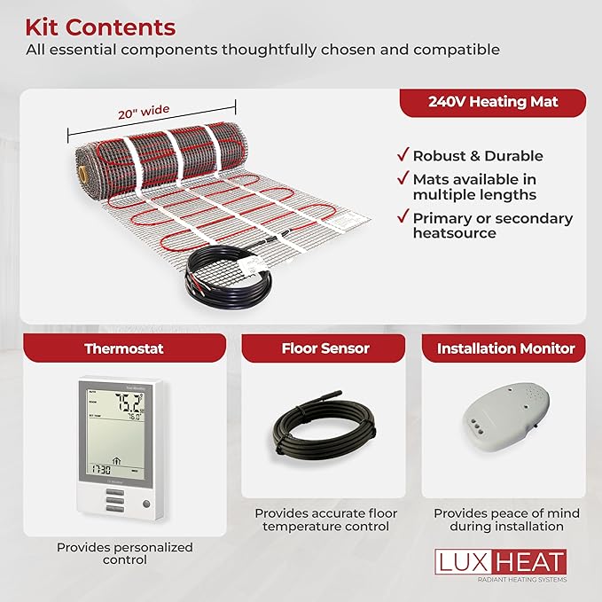 LuxHeat 90 Sqft Mat Kit, 240v Electric Radiant Floor Heating System for Under tile, Stone and Laminate. Kit Includes Alarm, Heated Floor Mat, UDG OJ Microline Programmable Thermostat w/GFCI & Sensor