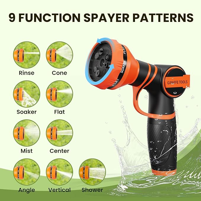 Giraffe Tools Non-Expandable Garden Hose 50FT 1/2” Lightweight Flexible Water Hoses Burst 600 psi with 9 Spray Function Nozzle Heavy Duty Hose