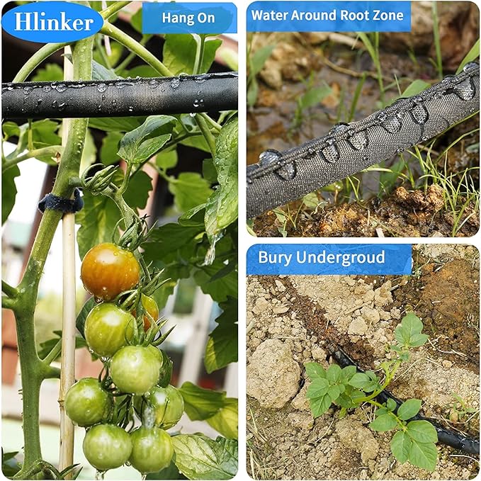 2025 Flat Soaker Hose 100 ft (50ft 2Packs) with Stake for Garden, Linkable Drip Hose Diy Automates Garden Irrigation System Saving 88% Water, Dual-layer Leak-free Design Water Hose with Holes