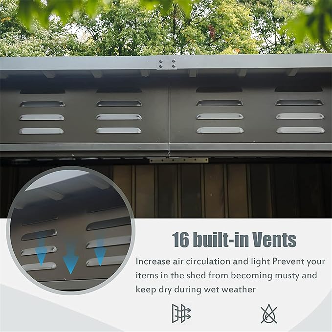 6x4ft Outdoor Storage Shed, Galvanized Steel Garden Shed with Sloping Roof, Lockable Double Doors and 16 Air Vents, Utility Tool Storage for Backyard Patio