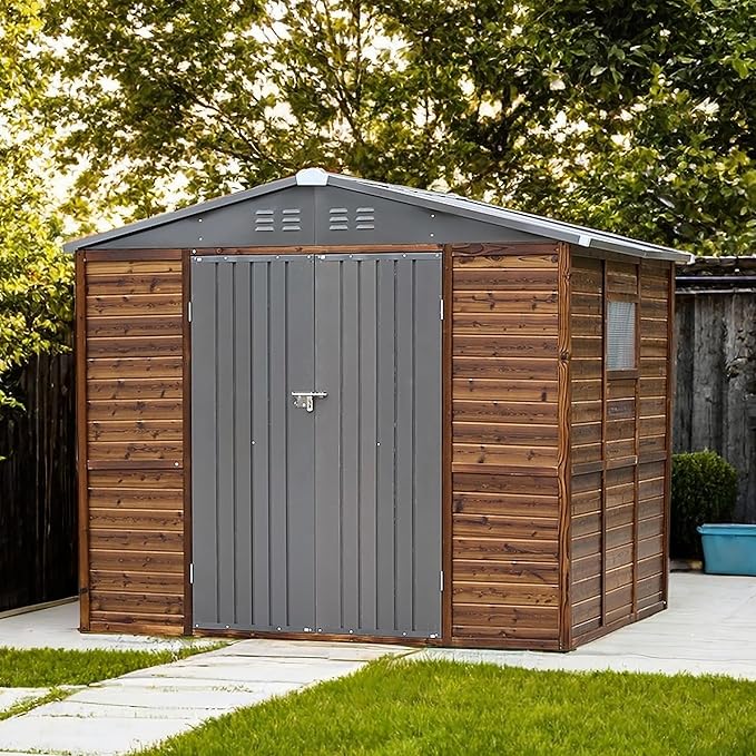 8x6 FT Outdoor Storage Shed, Wood Metal Utility Tool Shed Storage House with Door and Lock, Wooden Sheds Outdoor Storage for Garden,Patio,Lawn,Poolside