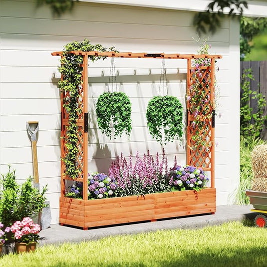 ORALNER Raised Garden Bed with Trellis, Wooden Planter Box with Climbing Frame, Outdoor Elevated Garden Box for Vegetables, Herbs, Flowers, Fruits (Extra Large)