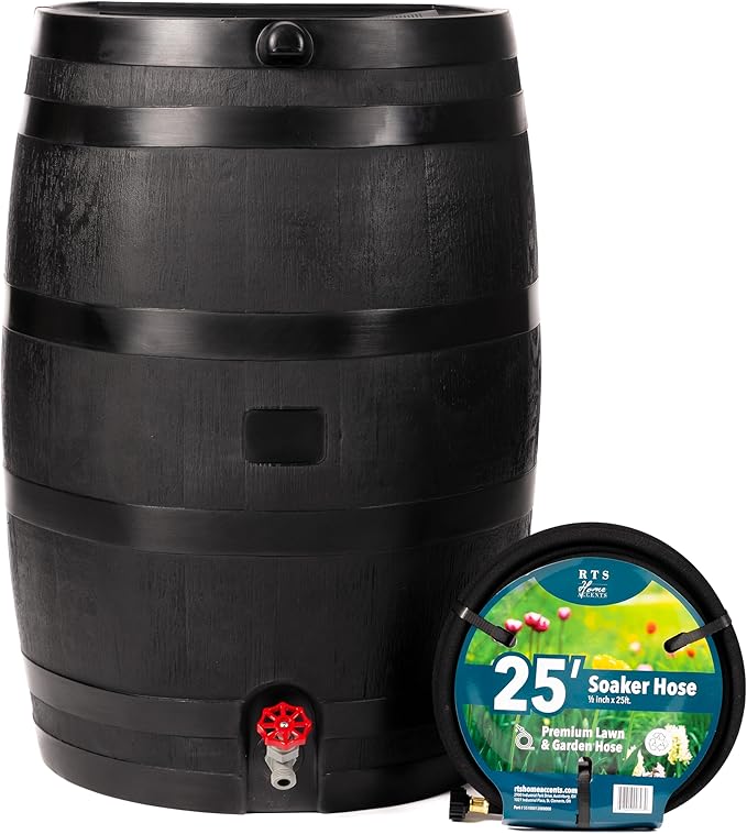 RTS Home Accents 50-Gallon ECO Rain Barrel Made with 100% Recycled Plastic, Flat Back Rain Water Collection Barrel, Soaker Hose Included, Black
