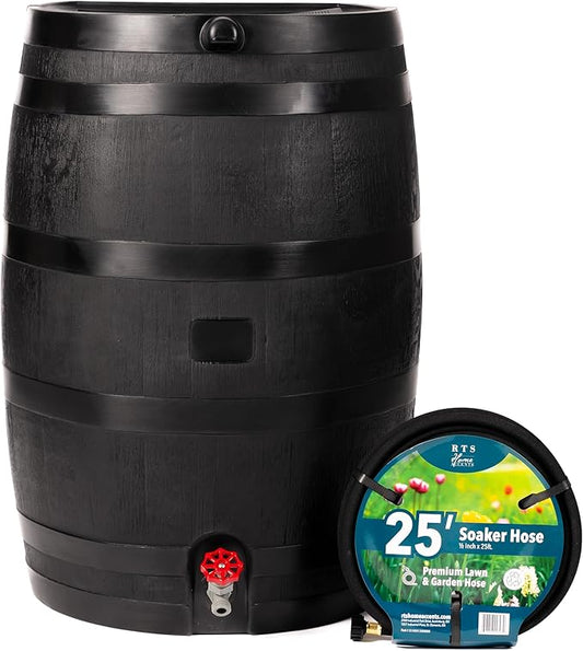 RTS Home Accents 50-Gallon ECO Rain Barrel Made with 100% Recycled Plastic, Flat Back Rain Water Collection Barrel, Soaker Hose Included, Black