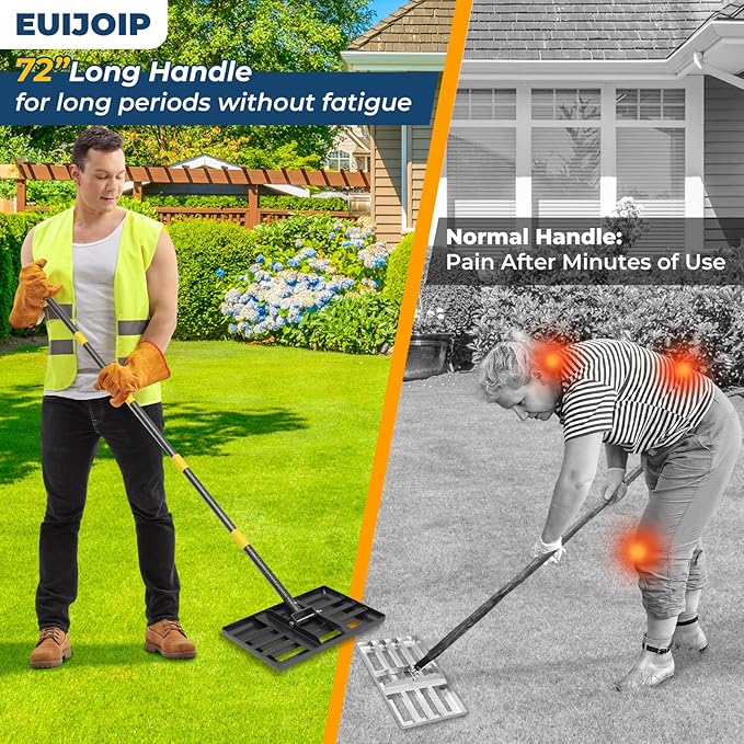72" Heavy Duty Lawn Leveling Rake - 17x10in Stainless Steel Grading Tool with Ergonomic Adjustable Handle | Professional Grass Soil Leveler for Golf Courses, Backyards & Sports Fields