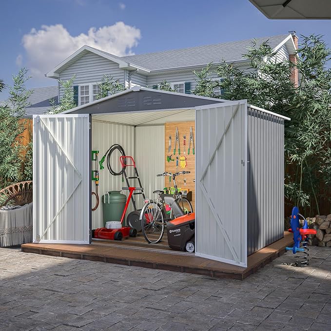 8x6 ft Outdoor Waterproof Metal Storage Shed with Foundation Floor Frame, Lockable Hinged Doors & Air Vents, All Weather Garden Tool Shed for Backyard Lawn, Galvanized Steel - Grey