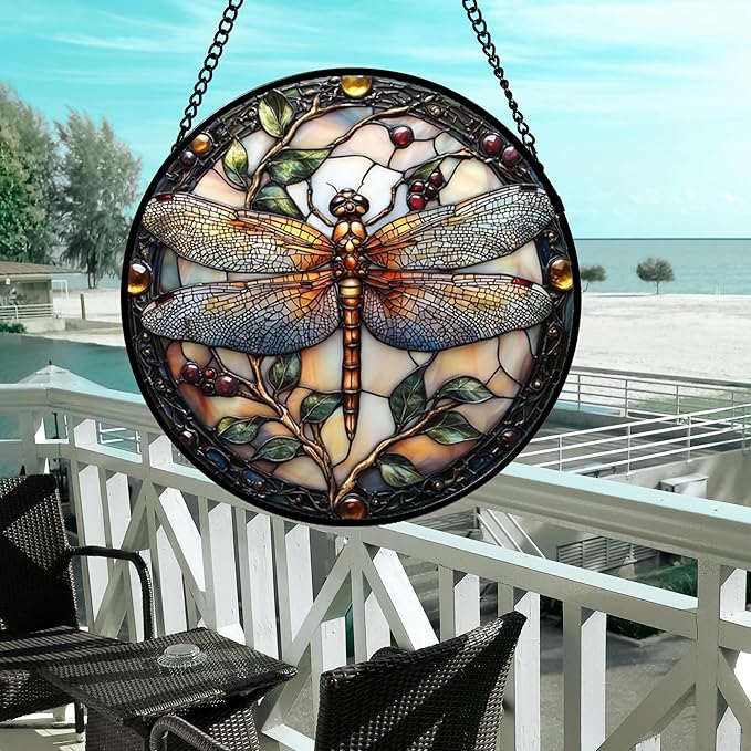 Stained Glass Window Hanging - Dragonfly Plant Suncatcher Ready to Hang Window Doors Home Decoration, Christmas, Mother's Day Birthday Gifts for Women, Men, and Mom 14.9x14.9 in