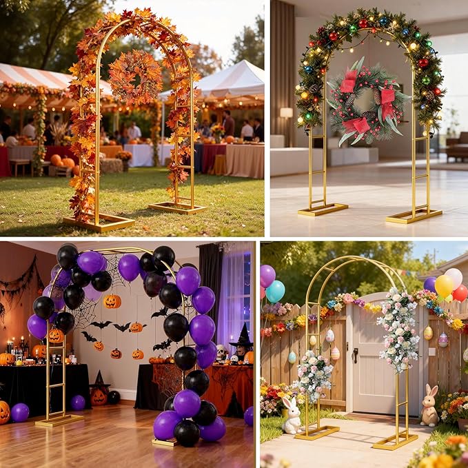 6.6FT Metal Wedding Arch Stand Gold Square Arched Backdrop Frame，Assemble Freely 3 Sizes,Metal Pergola Arbor with Base for Party Ceremony Birthday Bridal Baby Shower Garden Floral Balloon Arch Decor