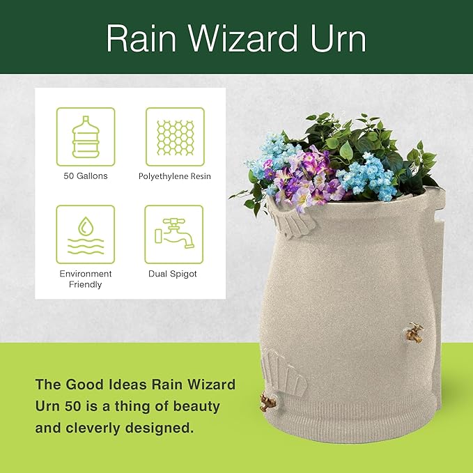 Good Ideas Rain Wizard 50 Gallon Rain Saver Barrel Water Storage Urn with Planter Space and 2 Brass Spigots, Sandstone (2 Pack)