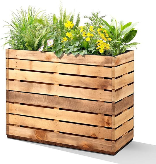 Metal Planter Box Rectangular Planter Box with Drainage Hole, Outdoor Large Planters, All-Weather Use, Rust-Resistance, for Flowers Plants, 29.9" L × 12" W × 24" H, Dark Walnut