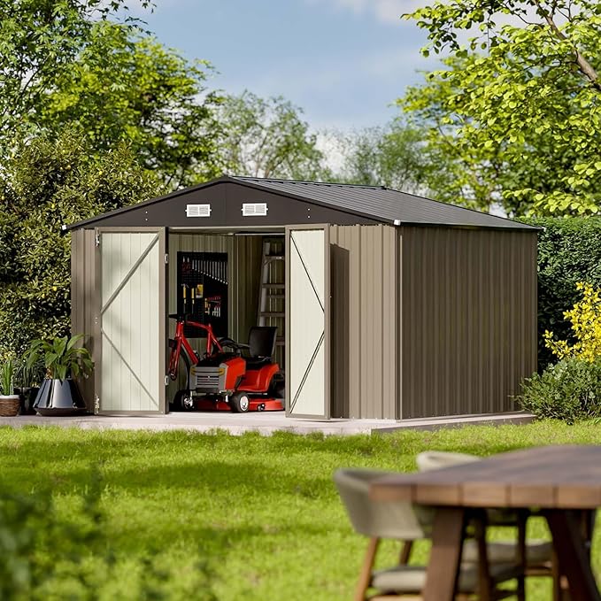 Patiolife Outdoor Storage Shed 10x8 FT with Floor Frame, Garden Tool Metal Shed with Sloping Roof and Double Lockable Door for Backyard Garden & Patio, Brown