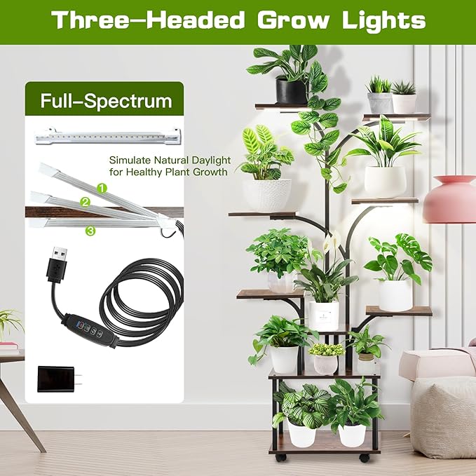 Plant Stand with Grow Light, Plant Shelf with Grow Light, 8-Tiered Metal Plsnt Shelf with Full-Spectrum Grow Lights and 4 Wheels for Multiple Indoor Plants