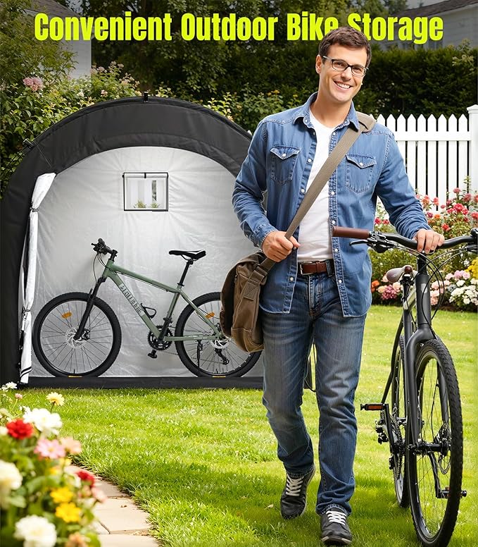 Housolution Bike Storage Tent Shed for 3 Bikes, Outdoor Portable 210D Oxford Thick PU4000 Waterproof Bike Cover with Ventilated Window, Bike Tent Fit for Bicycle, Lawn Mower, Garden Tools