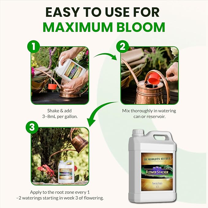 Humboldts Secret Flower Stacker | 0-7-5 Bloom Booster with Vitamin B1 | High Phosphorus Potassium Flowering Nutrients | Potting Soil Hydroponics Coco | Indoor & Outdoor Plants | 2.5 Gallon