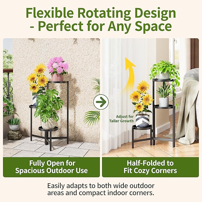 3 Tier Large Plant Stand Indoor with 7.9 Inch Wide Tray, Tiered Corner Metal Outdoor Flower Holder Stand, Folding Tall Rack for Display Shelf for Patio Porch Balcony - BlackDisk