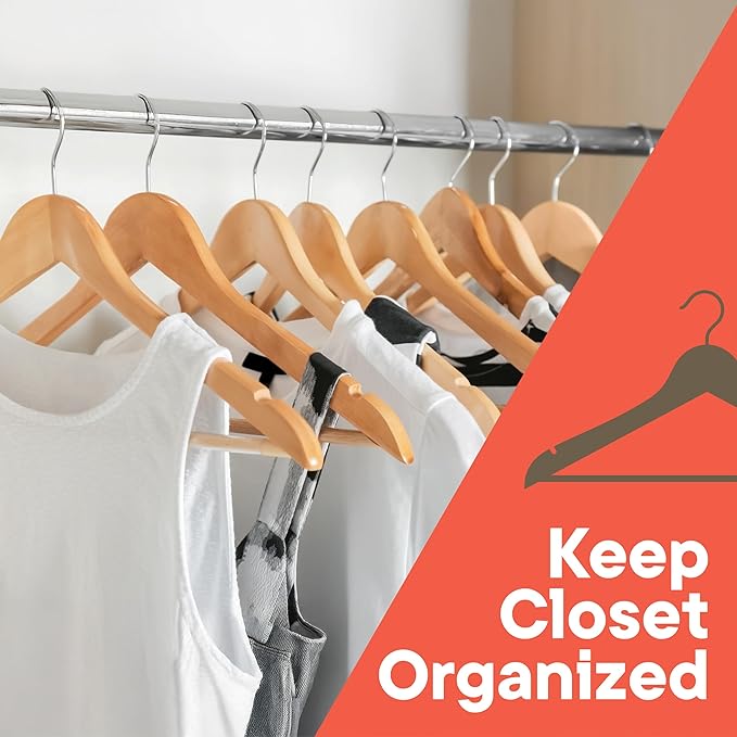Natural Wooden Hangers 10 Pack – Heavy-Duty with 360° Swivel Hook, Non-Slip, Pants Bar & Shoulder Grooves - Wooden Hangers for Suits, Jackets, Dresses & Camisoles, Space-Saving and Smooth Finish