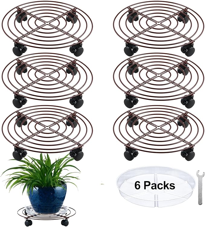 6 Packs Large Metal Plant Caddy with Wheels 13" Rolling Plant Stands Heavy-duty Wrought Iron Plant Roller Base Pot Movers Plant Saucer on Wheels Bronze