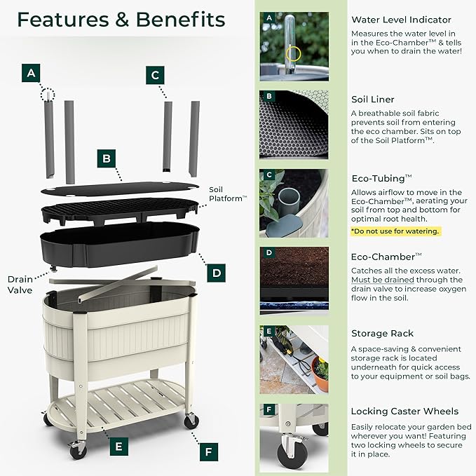 Permasteel Raised Garden Bed with Legs, Planter Box with EnGrow™ TrueSoil™ Technology for Vegetables, Flowers, Herbs, and Fruit, Outdoor Indoor, Storage Shelf, Caster Wheels, Ivory