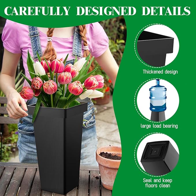 Flower Display Stand with Buckets, 4 Layers 16PCS Buckets Metal Flower Cart Display Stand with Wheels, for Patio Garden, Living Room (4 Layers Black Square Bucket)