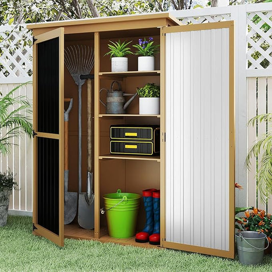 Outdoor Storage Shed with Adjustable Shelf, Wood & Metal Storage Cabinet Waterproof with Lockable Doors & Sloping Roof,Vertical Garden Shed for Patio Backyard, Tool Shed and Accessories, Brown