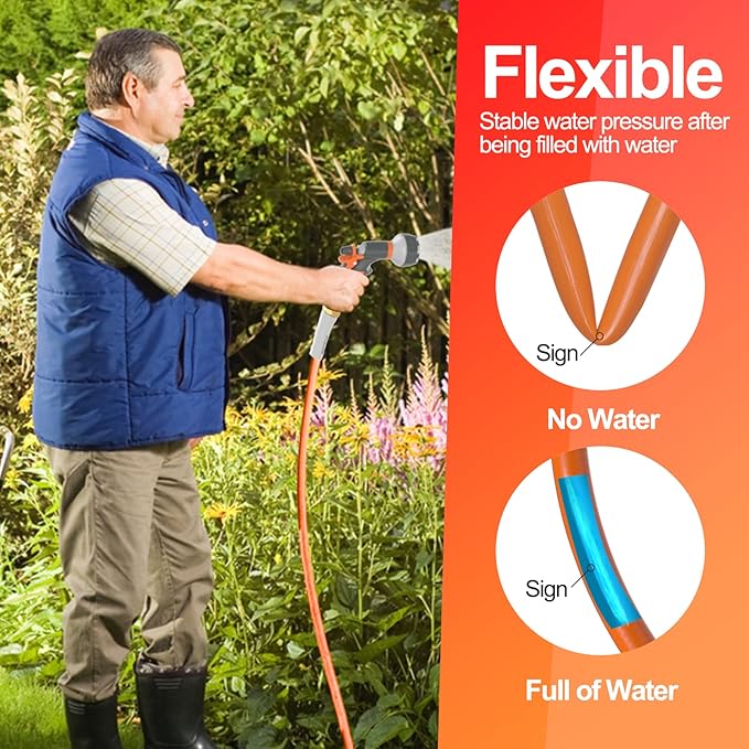 SPECILITE Garden Water Hose 75 ft x 5/8 in Heavy Duty, Flexible and Lightweight, Burst 600 psi, Kink-less Hybrid Rubber Pipe for Backyard, 3/4'' Brass Fittings, Orange