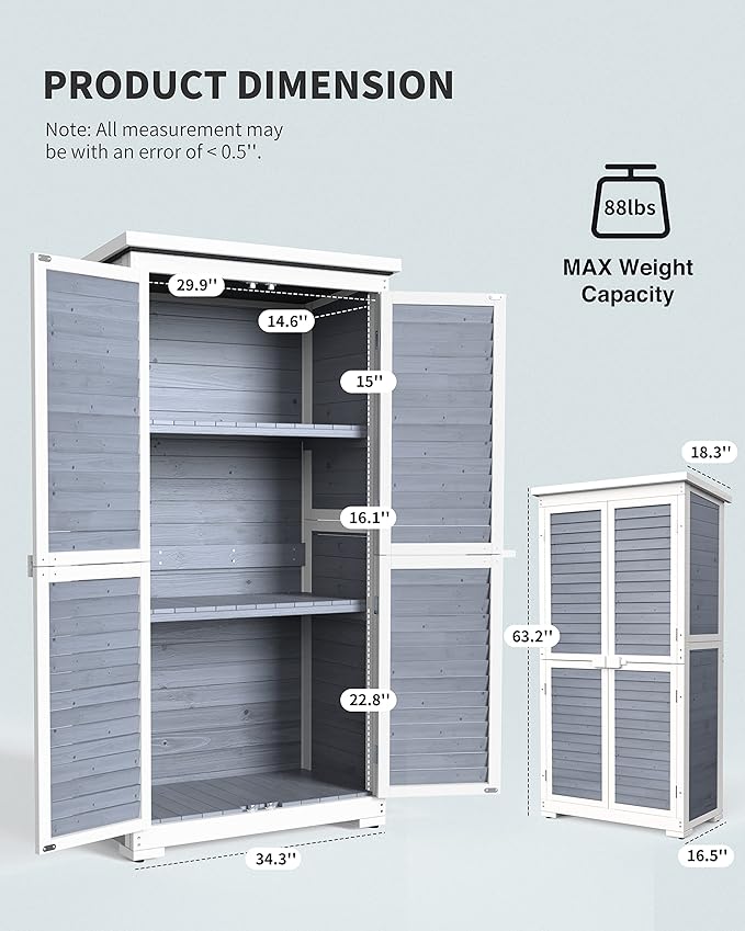 Gizoon Outdoor Storage Cabinet with 3 Shelves, Double Lockable Wooden Garden Shed with Waterproof Roof, Outside Vertical Tall Tool Shed for Yard Patio Lawn Deck-Grey