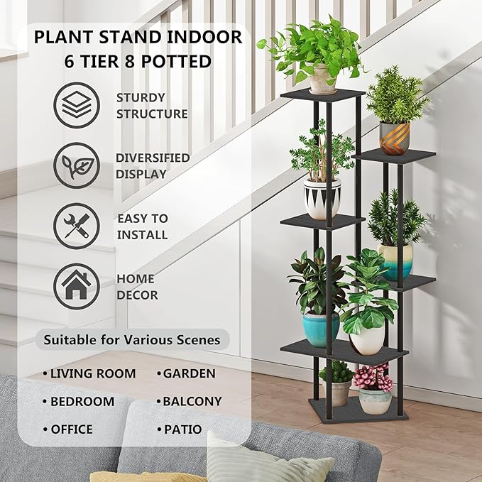 Tall Plant Stand Indoor, 6-Tier Modern Plant Shelf for Multiple Plants, Wood Metal Flower Holder for Living Room Balcony Bedroom, Black