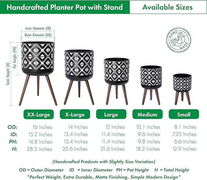 D'vine Dev 12 Inch Planter Pot with Stand, Mid-Century Tall Plant Pot with Legs for Indoor Plants, White/Black, 88-G-C-4
