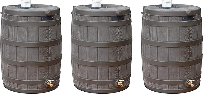 Good Ideas Rain Wizard 50 Gallon Plastic Outdoor Home Rain Barrel Water Storage Collector with Brass Spigot and Flat Back Design, Oak (3 Pack)