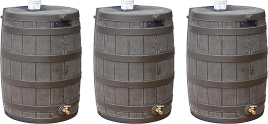Good Ideas Rain Wizard 50 Gallon Plastic Outdoor Home Rain Barrel Water Storage Collector with Brass Spigot and Flat Back Design, Oak (3 Pack)