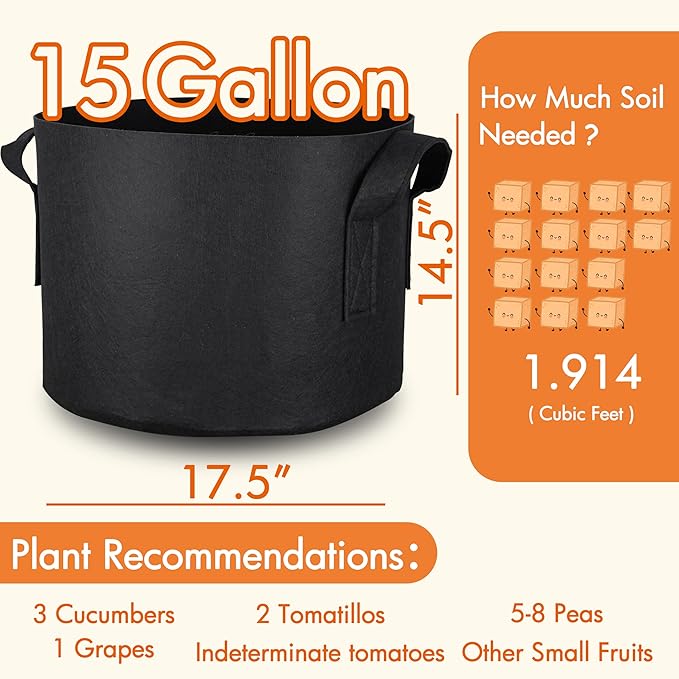 Gardzen 15 Gallon Grow Bags 6-Pack, 500G Thick Nonwoven Fabric Pots with Waterproof Liner & Breathable Bottom, for Hot Dry Climates