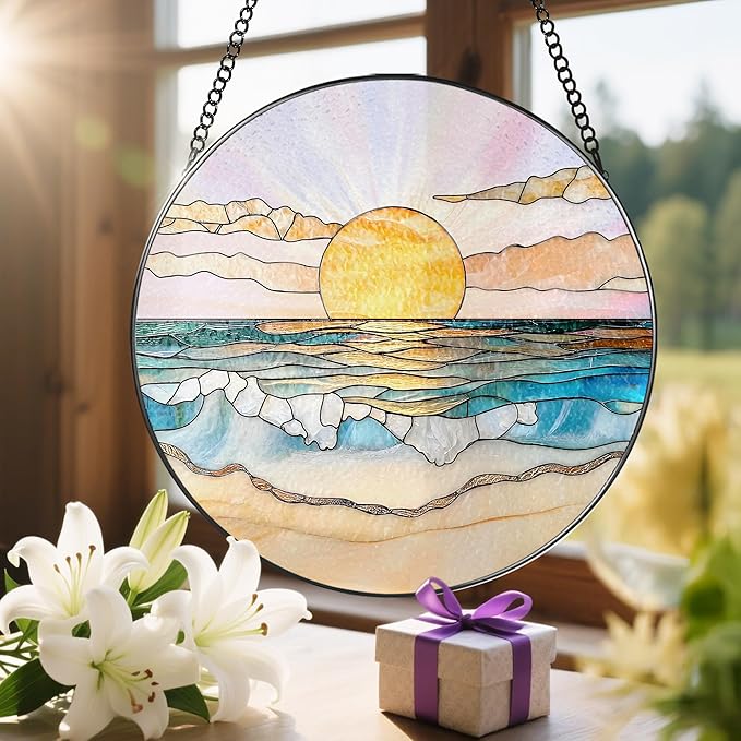 8'' Ocean Sunset Suncatcher Ornament, Stained Glass Window Hanging, Suncatchers for Windows Hanging Ornaments, Window Decor | Beach Lover Gift, Summer Vibes Gift, Gifts for Friends, Famliy