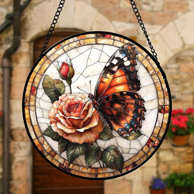 Stained Glass Window Hanging, Butterfly Picking Flowers Suncatcher for Doors Home Sun Catchers Decoration and Christmas, Mother's Day Birthday Gifts for Women, Men, and Mom 7.8 in