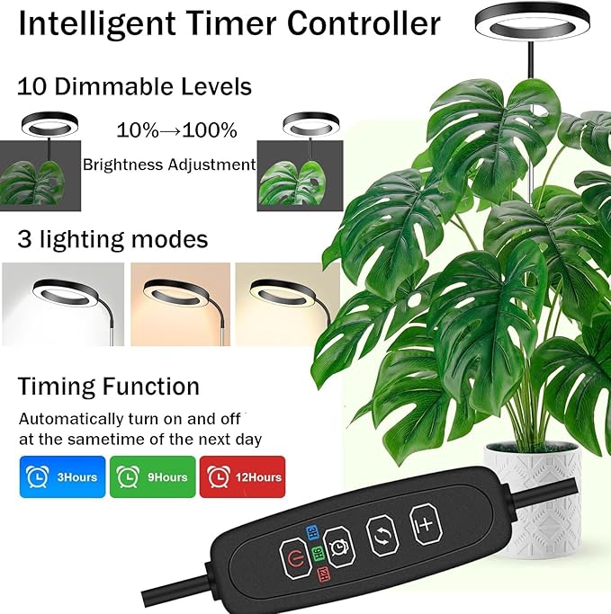 Grow Light for Indoor Plants, 6.3" Full Spectrum LED Plant Grow Light, 11.8-63in Height Adjustable Growing Lamp with Auto Timer 3H/9H/12H, 10 Dimmable Levels (Black 1 Pack)