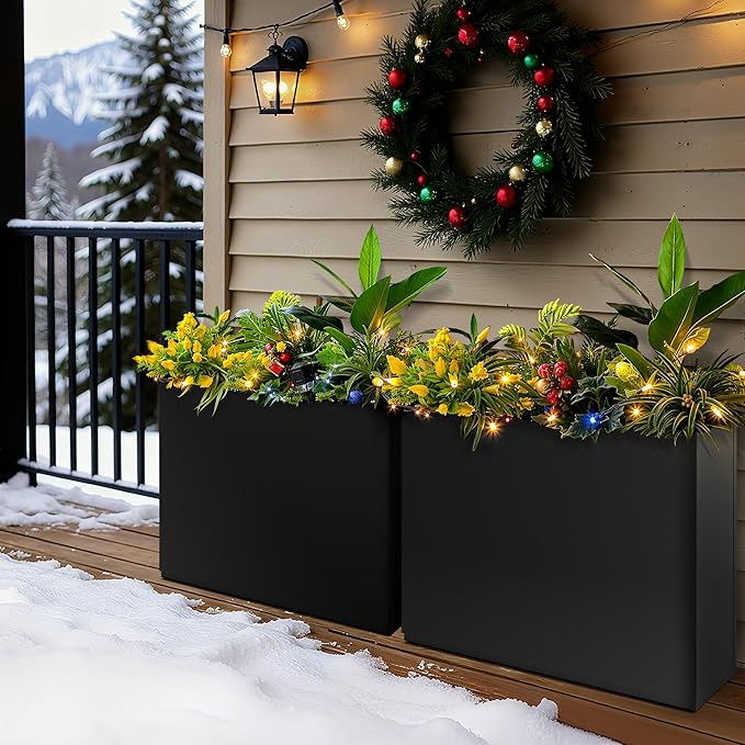 FENCY Metal Planter Box, Large Rectangular Planters for Outdoor Plants, Outdoor Tall Planters with Drainage Holes, Black Metal Planters (30" L x 12" W x 24" H)