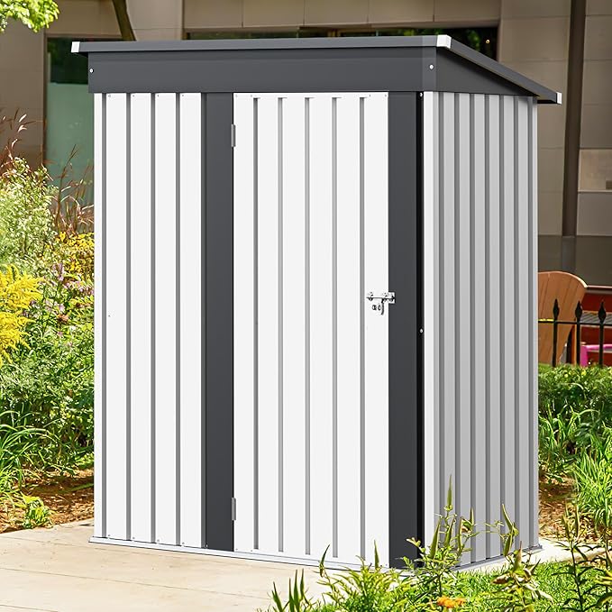 GUNJI 5 x 3 FT Shed Outdoor Storage Shed Metal Garden Shed with Lockable Door Outside Waterproof Tool Shed for Backyard, Patio, Lawn (White)