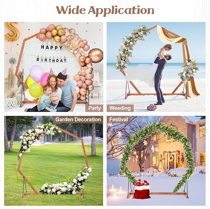 S AFSTAR 7FT Heptagon Wedding Arch, Wood Backdrop Stand With Triangular-Shaped Base, 4 U-Shaped Stakes, Indoor Outdoor Round Flower Balloon Stand for Ceremony Party