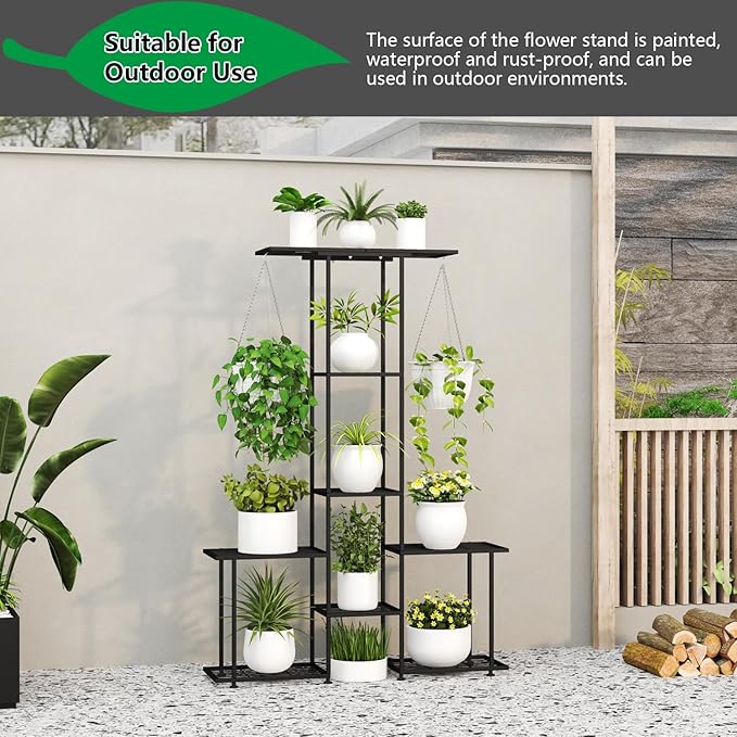 Plant Stand Indoor Outdoor, Metal 6 Tier Tall Hanging Plant Shelf for Multiple Flower Planter Large Heavy Duty Ladder Plant Holder for Garden, Black (y-201)
