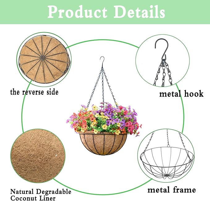 4 Pack Hanging Planters 14 Inch Metal Hanging Planter Basket Flower Pots with Coco Coir Liners Round Wire Plant Holder with Chain for Indoor Outdoor Patio Porch Garden Decoration（XG）